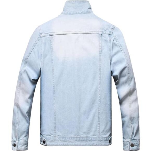 Light Wash Distressed Jean Jacket Ripped Acid Wash Slim Denim Trucker Jacket - Picture 6 of 8